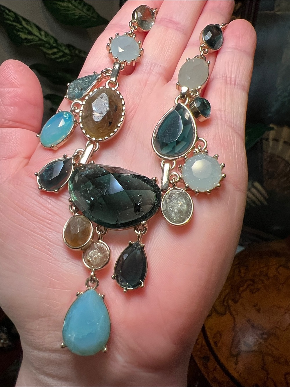 LOFT Boho Gold Tone Multi Gem Statement Necklace Green Blue Cluster Drop